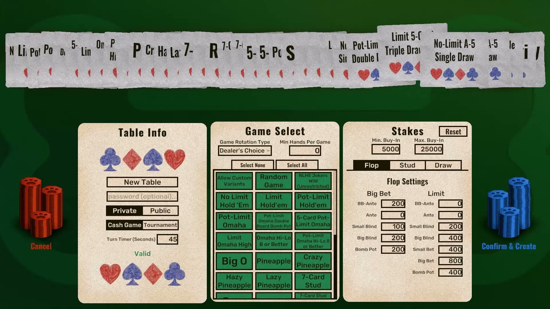 The table creation screen with dealer's choice selected and a grid of games to choose from