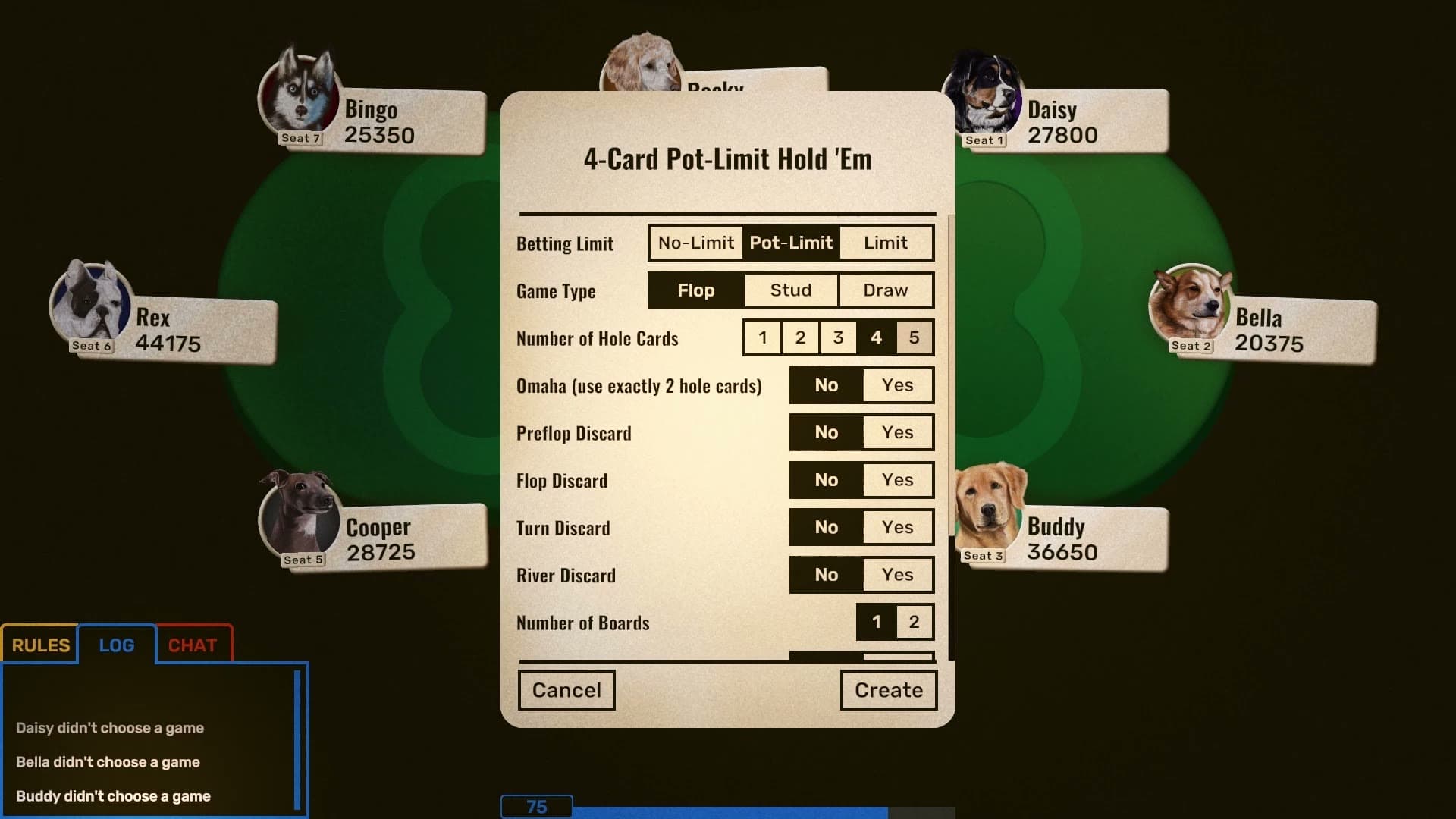 The variant builder open over a table, setting up 4-Card Pot-Limit Hold 'Em